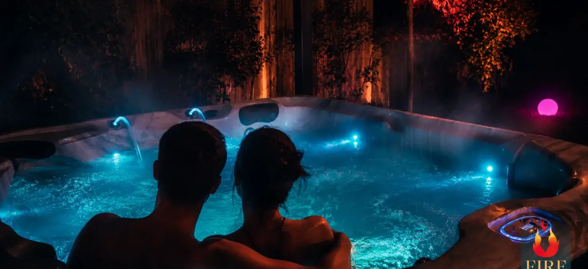 Couple profitant du jacuzzi privatif de la love room FireSens en Haute-Saône lors du lancement du nouveau site internet
